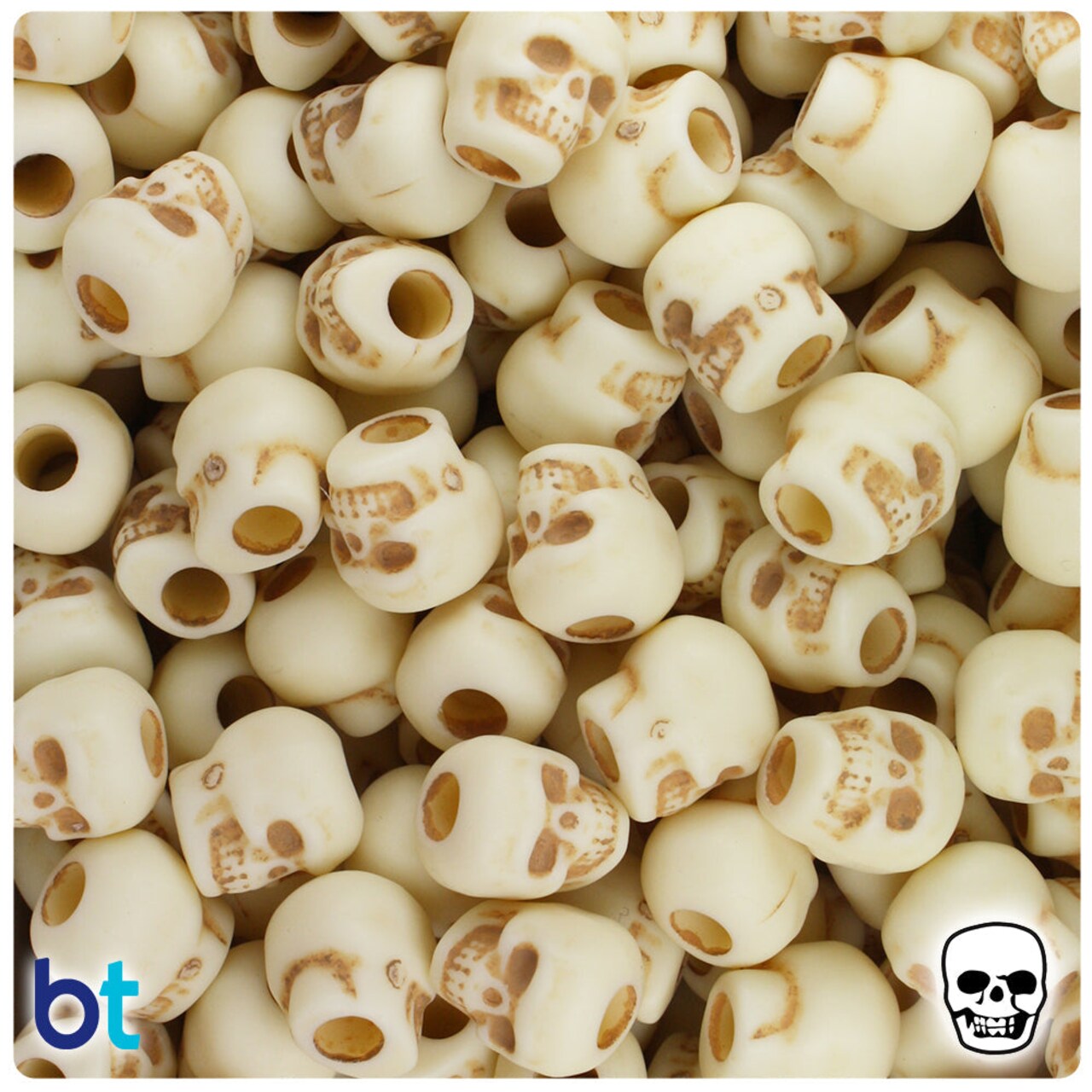 BeadTin Ivory & Brown Antique 11mm Skull Plastic Pony Beads (150pcs)